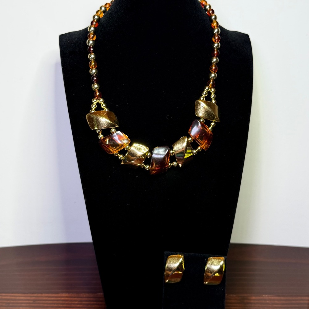 Vintage Amberโ Gold Tone Geometric Statement Necklace and Earring Set Beads MCM